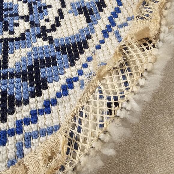 Vtg MCM 50s Latch hook Rug Circle‎ Blue Floral Handmade Cottage Shabby 32" Round - Picture 13 of 15